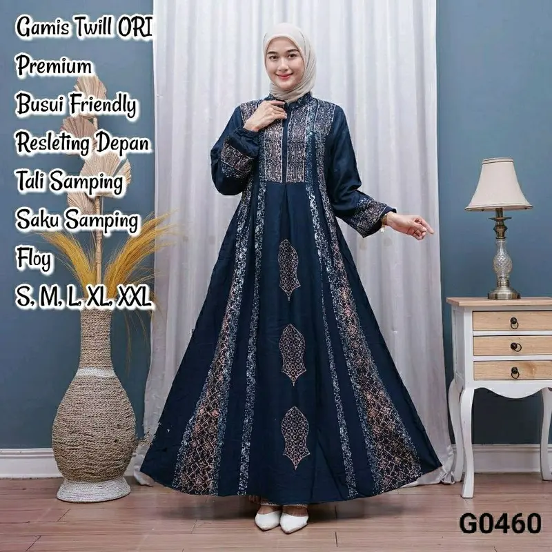 Gamis twill original 100% kancing susun Panjang Wanita Muslim 2