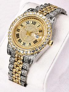 Reloj Elegancia para Caballeros Lleno de Diamantes para Comercio Exterior, Calendario de Cielo Estrellado, Reloj de Cuarzo Inner para Hombre con Correa de Acero Dorado