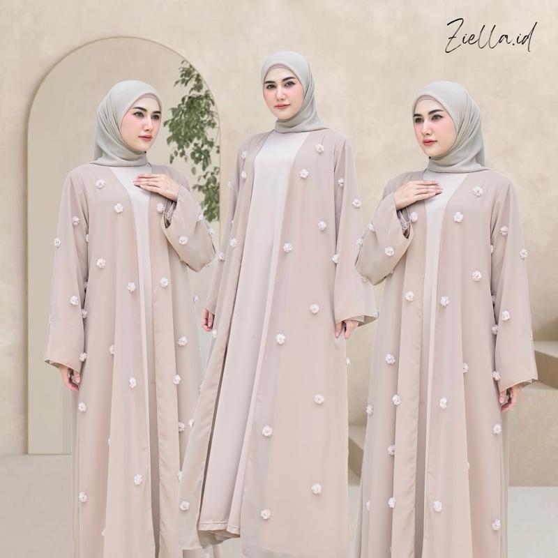 Ziella - Fatimah Abaya 2in1 Outer dan Inner With Bunga Organza 3D bahan Ceruty Babydoll Jersey Abaya Adem Nyaman Dipakai Tidak Menerawang 0