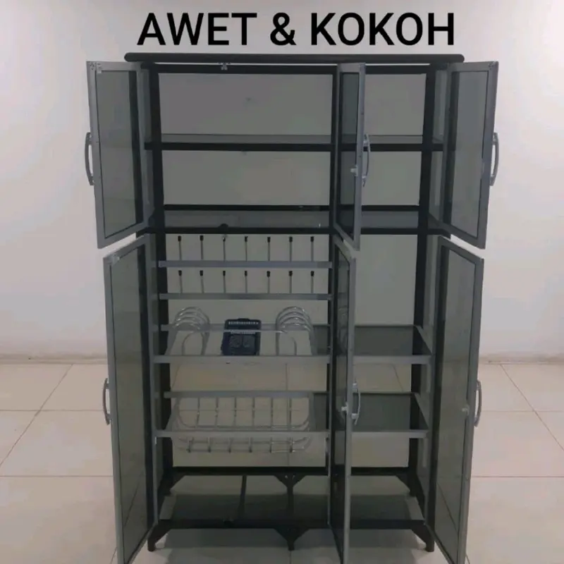 LP 435 100X38X165 s LEMARI RAK PIRING ALUMINUM HOLLOW KIPAS 20U SILVER 5 SUSUN FULL KACA RIBEN HS TC ALUMINIUM RAK BUMBU DAPUR GELAS SENDOK AWET KOKOH LPS 8