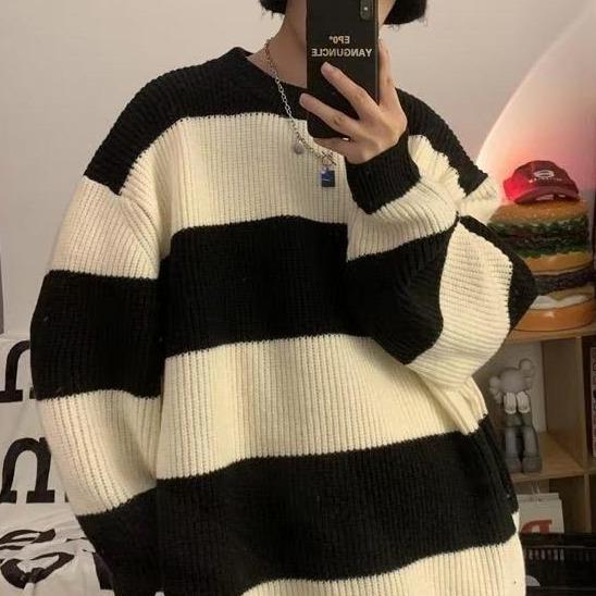 Menswear ,Áo Len Cổ Tròn Kẻ Sọc Cho Nam, Shirt , Áo Len Dệt Kim, Áo Len Có Lớp Lót,Thời Trang Dạo Phố Phong Cách Hàn Quốc, Ngầu, Đẹp Trai,  Áo Thun Dài Tay Cá Tính，Thu Đông Màu Đen 3