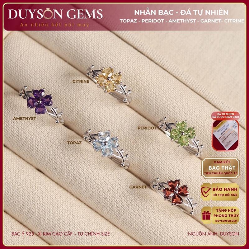 Nhẫn bạc Ý 925 cỏ 4 lá đính đá tự nhiên Garnet Topaz Citrine Peridot Amethyst phong thủy may mắn Freesize Duyson Silver