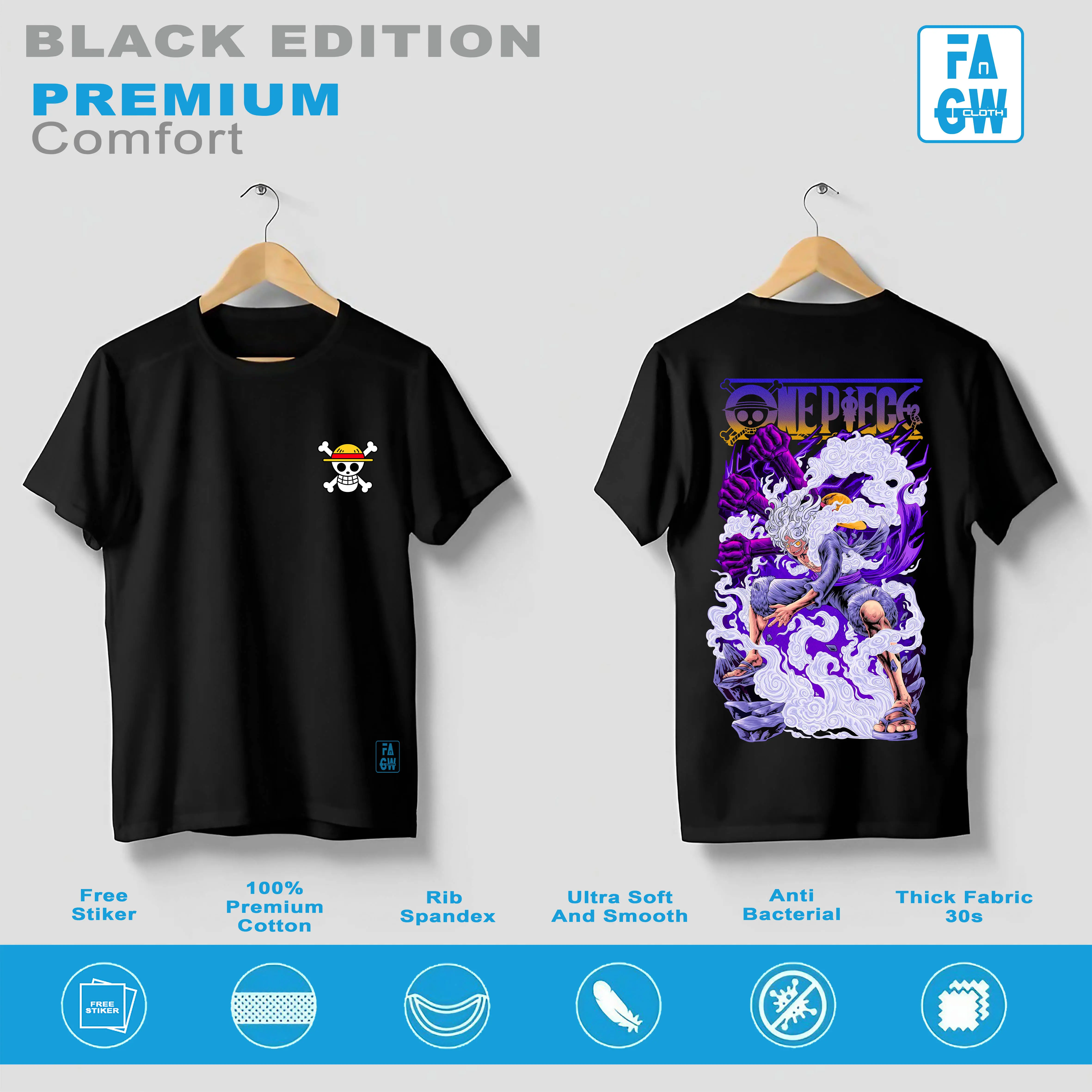 Kaos distro pria ONE PIECE NEW LUFFY GEAR 5 KAIDO kaos anime kaos custom satuan kaos kata kata kaos bisa menyala Katun Combed Hitam Putih Tshirt