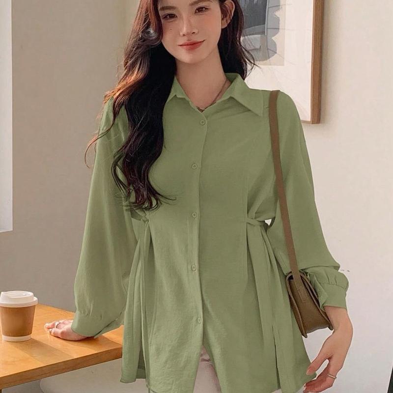 Kemeja Sakura Polos Atasan Wanita Oversize Bahan Crinkle Korean Style Terbaru kancing Panjang Baju Fit Tangan 2
