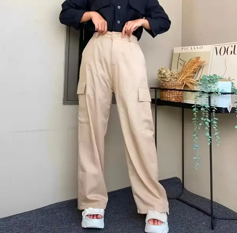 Celana Kargo Wanita Katun Twill Stretch Jumbo Big Size - Hitam Combed Kain Karet Panjang Standar Tebal Kerja Basic Kancing Kantor Oversize Baggy Linen Fit Melar Nyaman 6