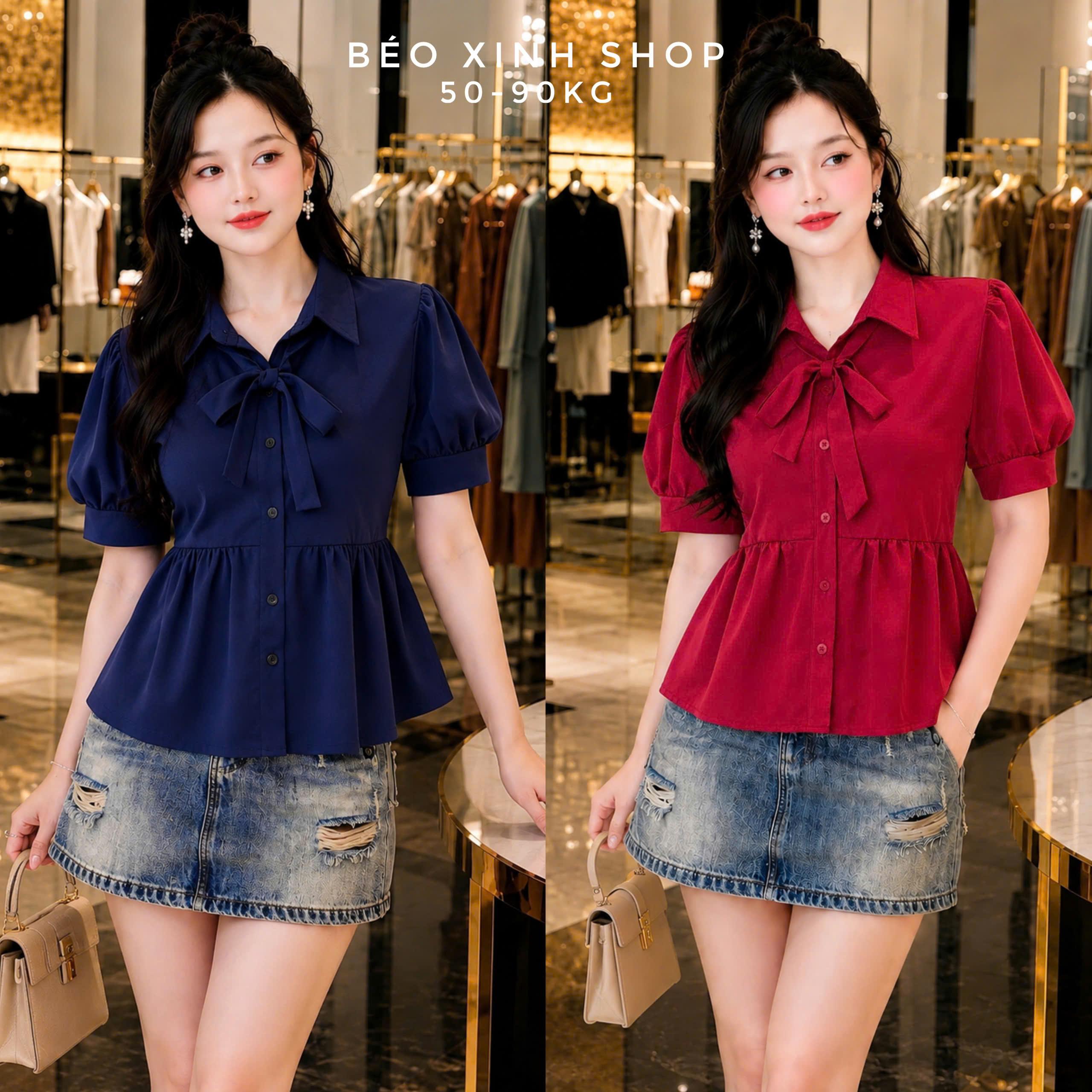 Áo Sơ Mi Áo Kiểu Nơ Cổ Tiểu Thư Tay Bồng – Áo Kiểu Nữ Che Dáng Size M–2XL 50–90kg Béo Xinh Shop - B.1873