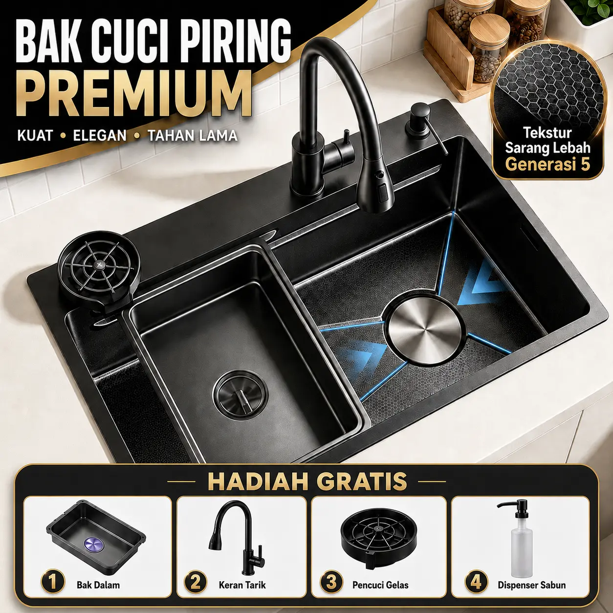 Set Bak Cuci Piring Stainless Steel Hitam/Perak (Termasuk Keran Tarik, Bak Persiapan, Dispenser Sabun, dan Pembersih Gelas)SUS304 Paket Lengkap Kitchen Sink 60/68/75/80/85