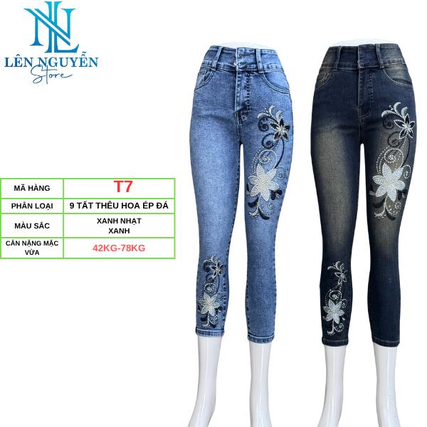 T7 [ Len Nguyen Store ] Quần Jean (Bò) Nữ 9 Tất , Lưng Cao 2 Nút, Dài 85-90cm, Màu Xám, Xanh, Size 40kg-80kg, Thiết Kế Thêu Ép Đá, Co Giãn, Mền Mịn, Bigsize, Hotgirl, Skinny, Ống Ôm, Trẻ Trung, Tự Tin, Dễ Phối Đồ. Women Pants Denim