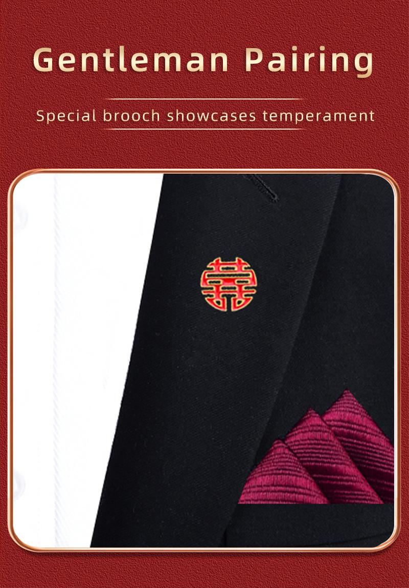 Product Introduction of Groom's Wedding Tie Pocket Scarf Square Scarf Chest Needle Breast Flower Three piece Set Red Bow Men's Black Gentleman 2