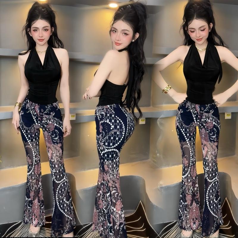 S519 SET QUẦN LOE THUN LƯỚI ÁO CỔ ĐỖ CHẤT NHŨ ÁNH KIM ÔM DÁNG