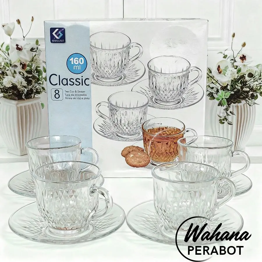SET GELAS KACA TEH & KOPI ISI 8 PCS TERDIRI 4 GELAS + 4 PIRING TATAKAN | GELAS KACA KADO NIKAHAN PALING MURAH