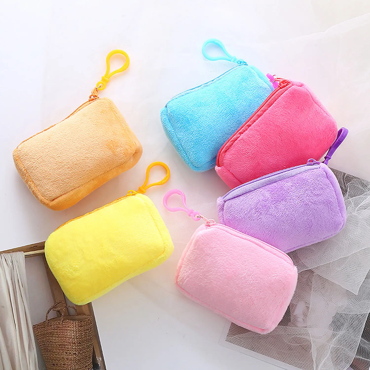 1 Pc Mini Zipper Plush Coin Multifunctional Change Purse Women's Card Cash Holder Keychain Wallet Bag Accessories