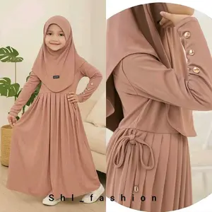 Gamis Anak Innara Set Hijab Bahan Jersey Tali Serut Aktif Kombinasi Lengan Kancing