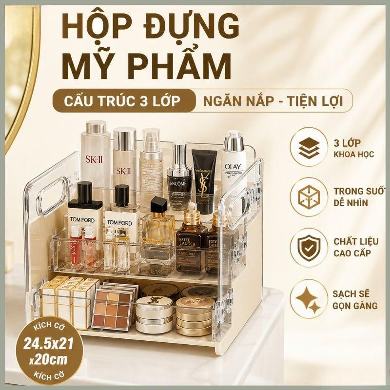 Kệ Đựng Mỹ Phẩm 3 Tầng Trong Suốt Phong Cách Tối Giản – Giá Để Mỹ Phẩm, Nước Hoa Có Tay Cầm, Chất Liệu PET Cao Cấp Bền Đẹp, Hộp Trang Điểm Đa Năng, Quà Tặng Phái Đẹp Sang Trọng