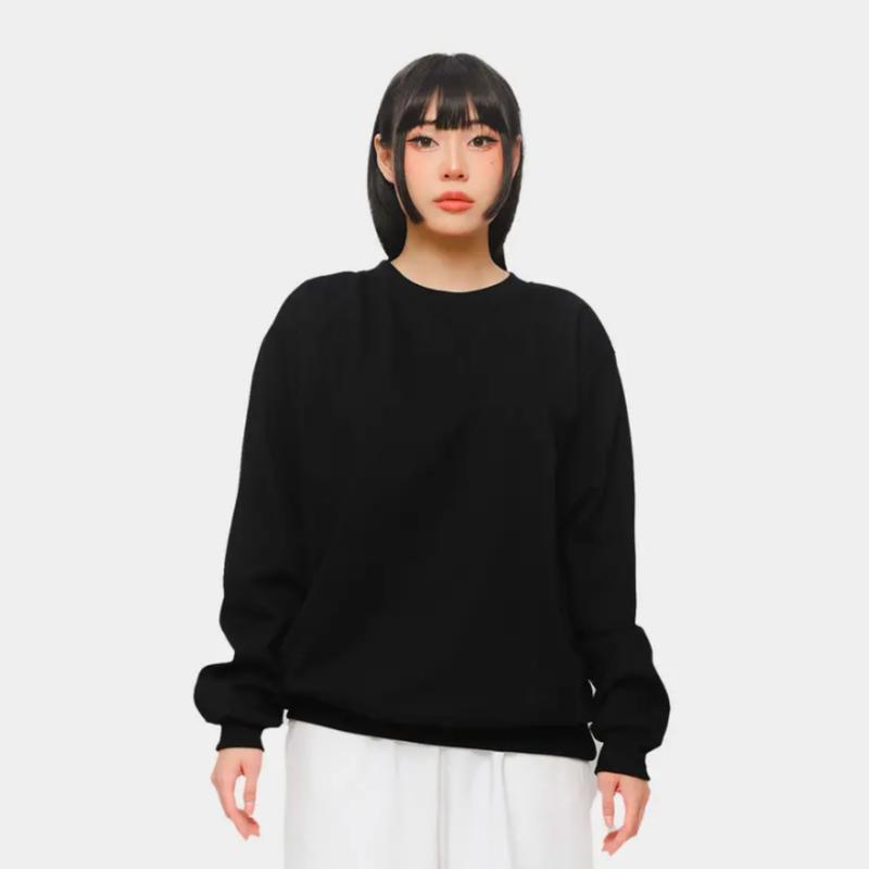 Sweater Crewneck Polos Hitam Putih • Outwear Size M L XL Pria Wanita | Black Edition Trendy Casual Hoodie Sweatshirt Cardigan Cewek Cowok fleece baju sedang motif polos lengan panjang Katun Polka Dot Hoodie/Jumper Korean Hoodies & Sweaters 3