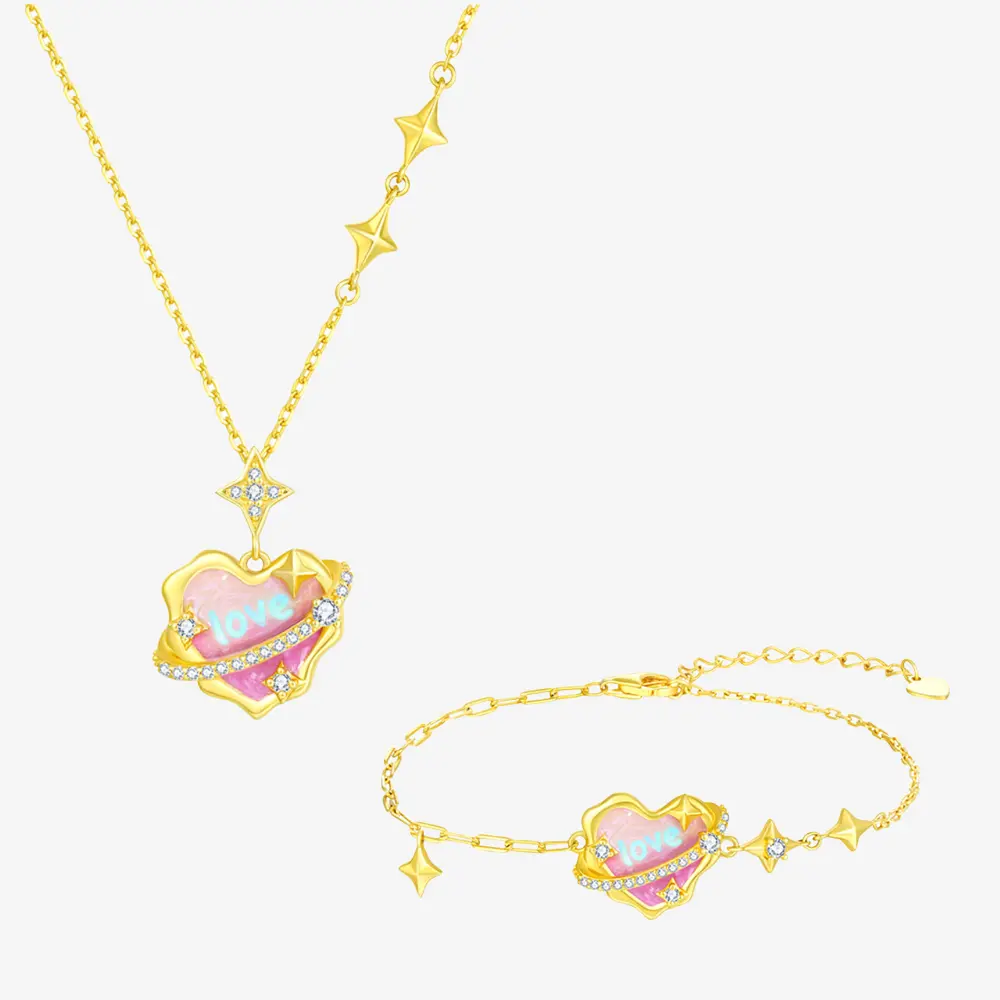【Chow Tai Seng】S925 Silver Secret Words Luminous Enamel Heart Planet Jewelry Set