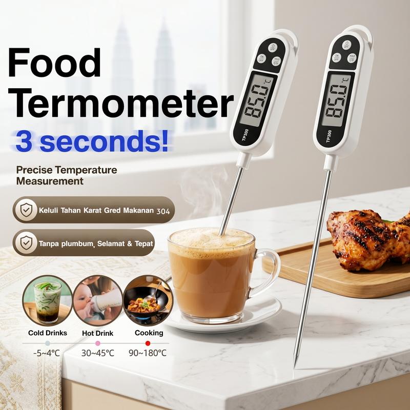 Nhiệt kế điện tử THERMO với thiết kế chống nước, đầu dò dài 145 mm, phạm vi đo 50–300 °C, phù hợp cho sữa, nấu thịt và nướng bánh; đa năng, cần thiết trong nhà bếp
