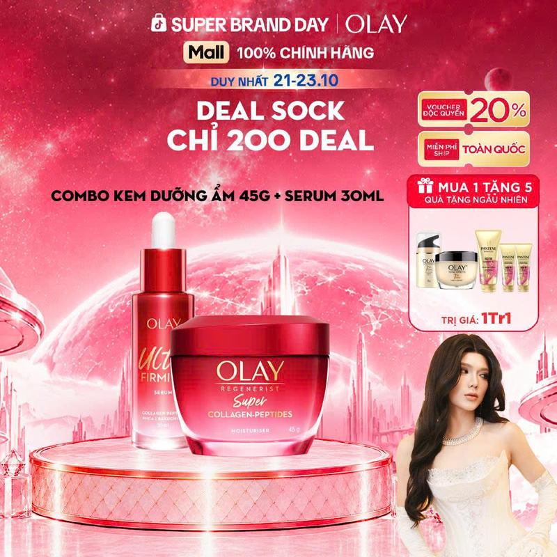 Combo 2: Kem Dưỡng Ẩm OLAY Super Collagen Peptides + Serum OLAY Ultra Firming Giúp Da Săn Chắc & Mịn Màng (45G+ 30ML) Tặng Kem ngày và đêm Total Effects (50G) + Pantene 150ml + 2 Pantene 70ml