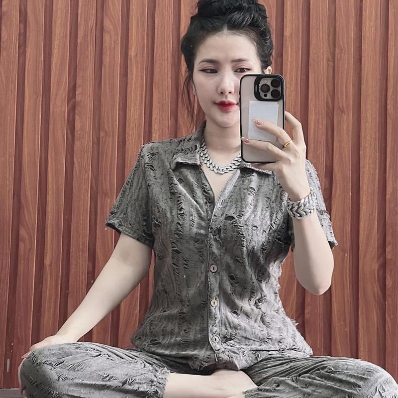 Đồ Bộ Thun rách Màu Kieu Sơ Mi tay ngắn dáng vừa quần bo dài 0