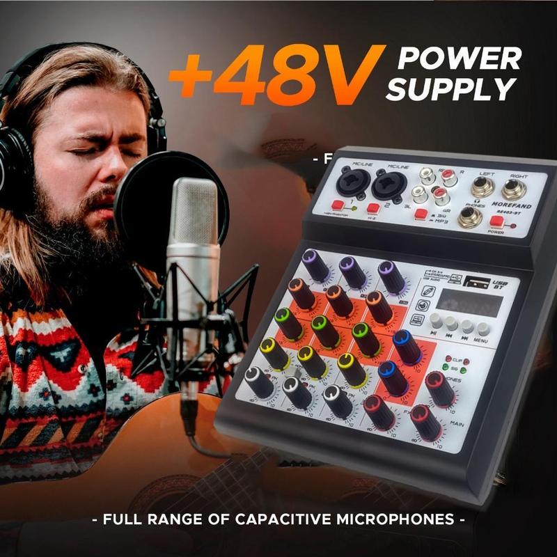 Product Introduction of KP4 Audio mixer professional 4 channel mixer, support Bluetooth USB MP3 playback Amplifier 0