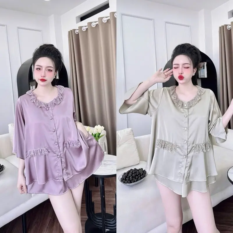 Set Đồ Ngủ Lụa Latin Tay Loe Viền Cổ Phối Ren , Quần Đùi Có Túi (45-75kg) Women 0