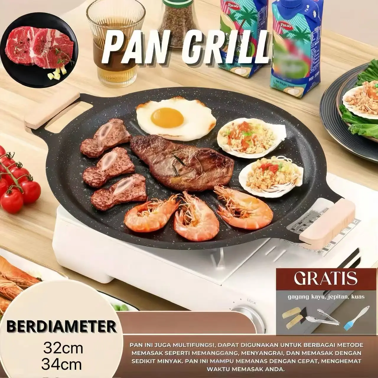 Wajan Pemanggang BBQ Grill Pan Anti Lengket Serbaguna 32/34 cm Portable Pangganggan BBQ Round Grill  Alat Panggangan BBQ Grill Pan Korean Wajan Bulat Anti Lengket Serbaguna Anggangan BBQ Bulat  Grill Pan Drip Pan Plate Kitchenware