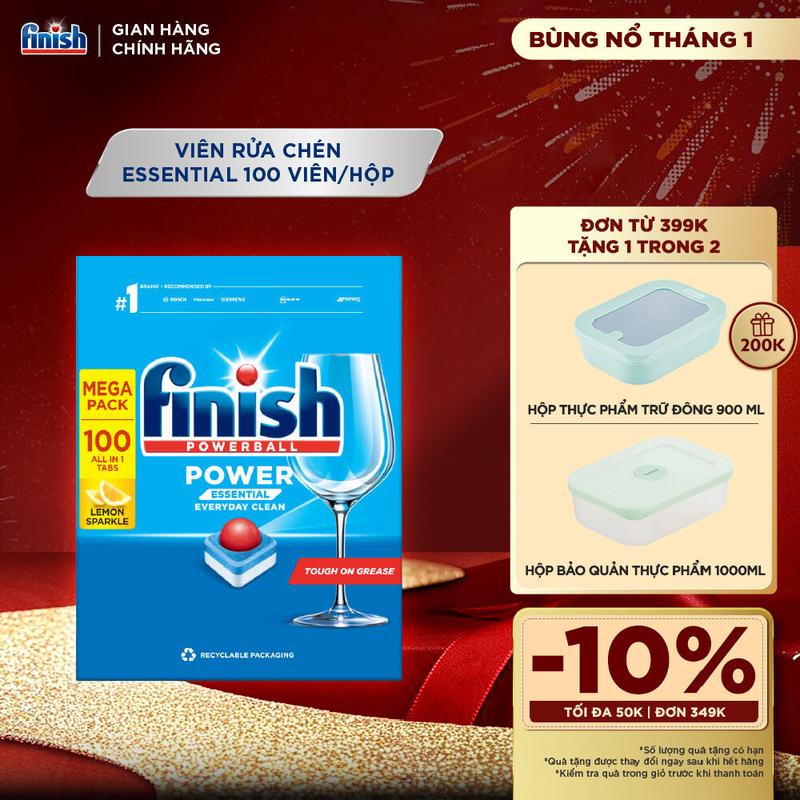 Viên Rửa Chén Bát Hương Chanh Finish Powerball Power Essential Lemon Sparkle - Dạng Thùng 100 viên siêu tiết kiệm