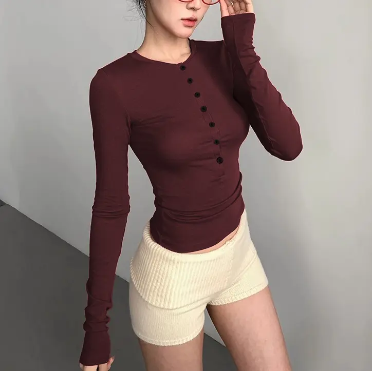 [Premium] Kaos Lengan Panjang Seven-Breasted Wanita Merah/T-Shirt Wanita Kontemporer