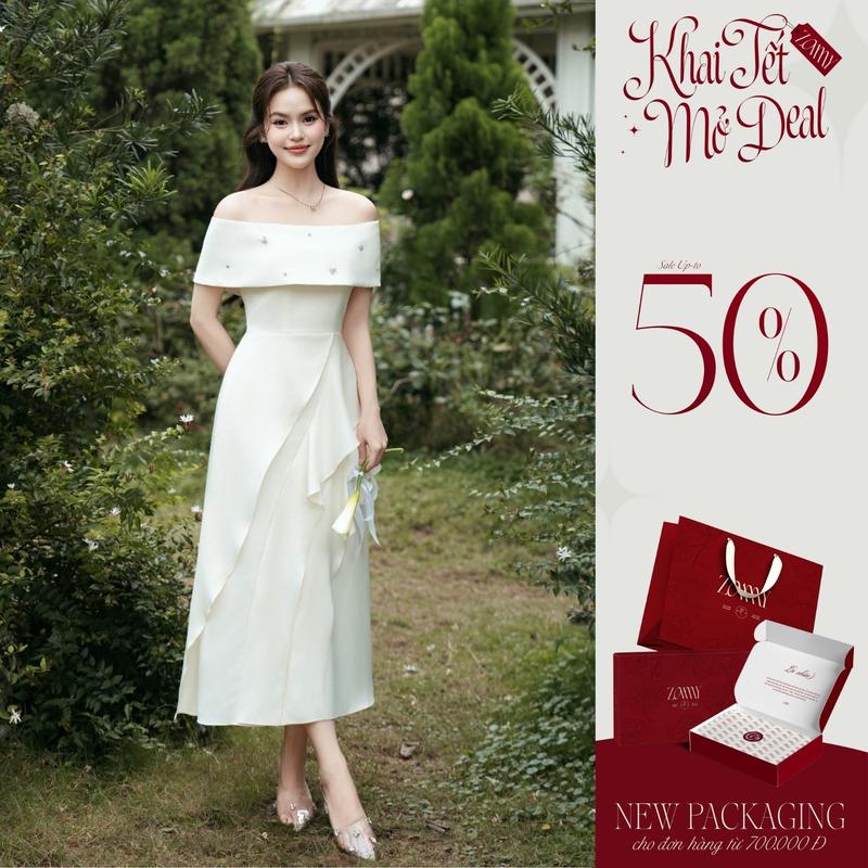 ZAMYSHOP - Váy thiết kế lụa trễ vai đổ bèo dáng dài váy đi tiệc đi chơi sang trọng thanh lịch