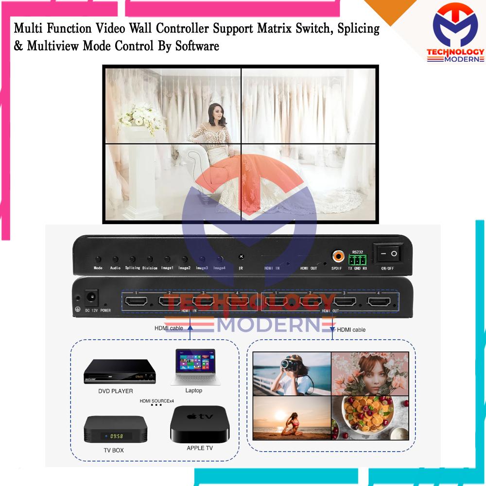 HDMI Video Wall Controller 2x2 + HDMI Matrix Switcher 4x4 (4 Input 4 Output) Support Quad Multi Viewer Black