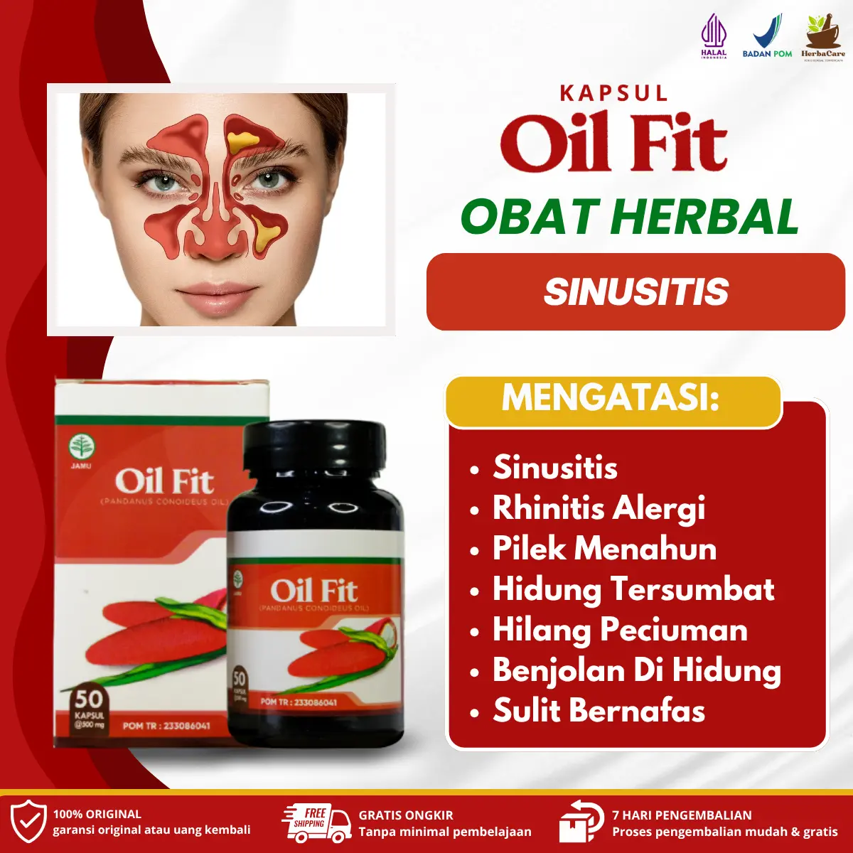Kapsul Oil Fit - Atasi Sinusitis, Rhinitis Alergi, Pilek Menahun, Alergi Hidung, Hidung Tersumbat, Hidung Bau, Hilang Peciuman, Anosmia, Mengempiskan Benjolan Di Hidung, Polip Hidung, Sulit Bernafas 100% Original