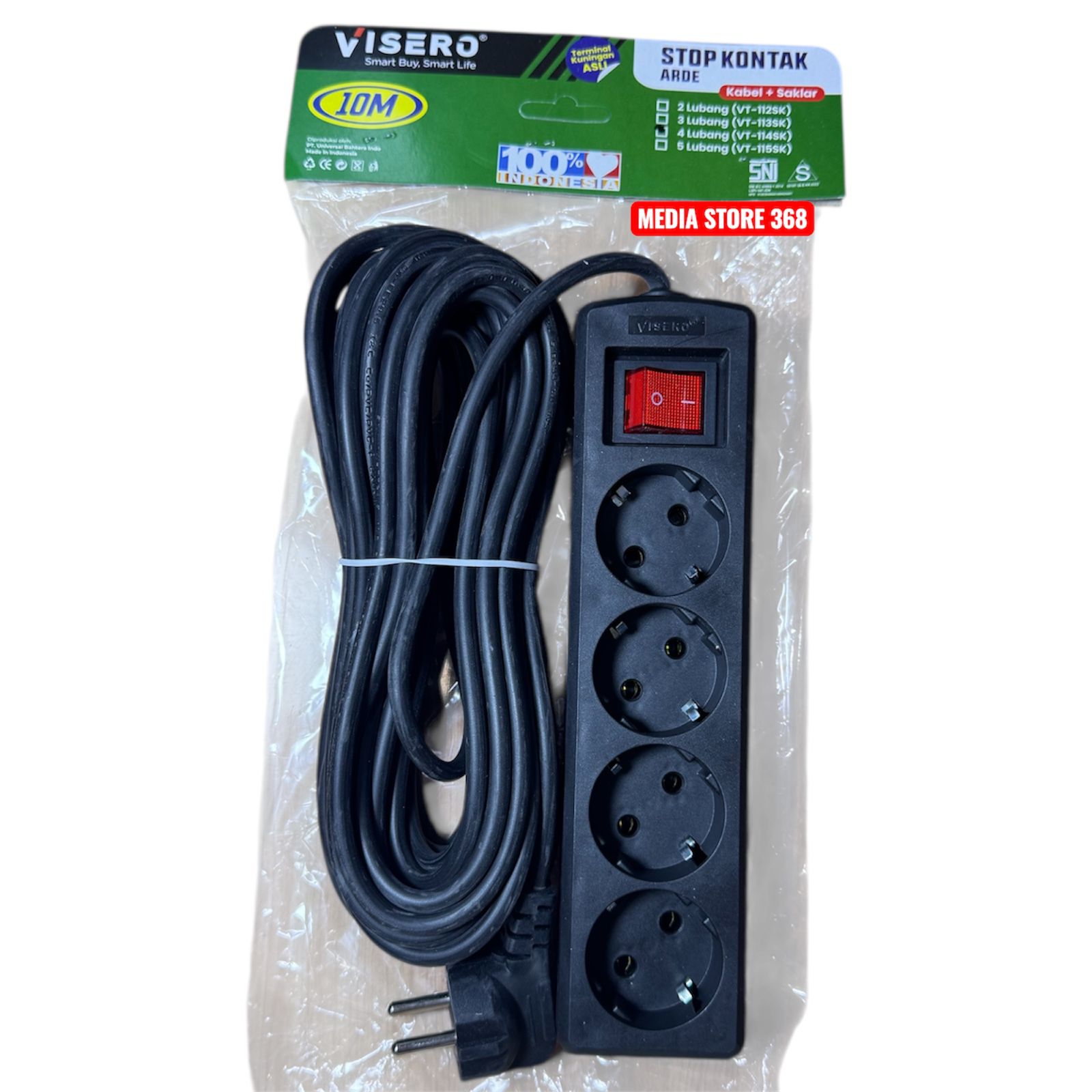 VISERO Stop Kontak/Terminal 5 Lubang Body HITAM Kabel 10M dengan Switch On/Off SNI Kabel Asli Tembaga Tahan Panas Kuat Tahan Lama