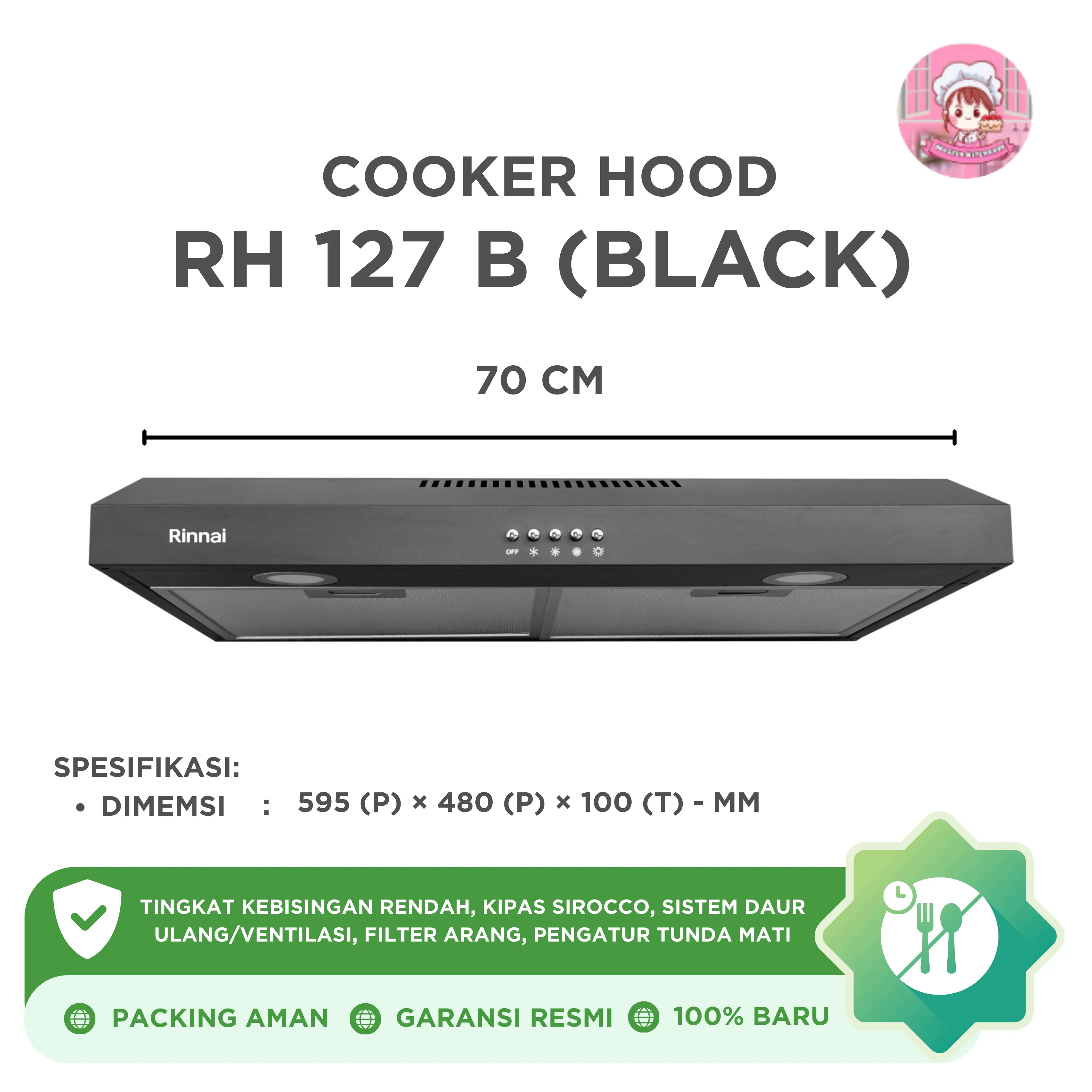 Rinnai RH-127B RH 127 B RH127B Cooker Hood 70cm Murah Mewah Slim Black Hitam
