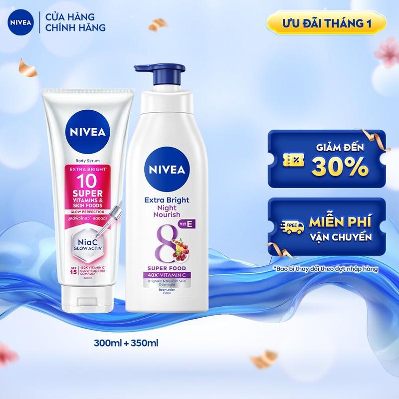   SP10  Bộ Đôi Tinh chất Dưỡng Thể Nivea 10 Super Vitamins Sáng Da Mờ Thâm & Đốm Nâu 300ml & Sữa Dưỡng Thể Nivea Extra Bright Dưỡng Da Sáng Mịn Ban Đêm 350ml - 93824+98412 