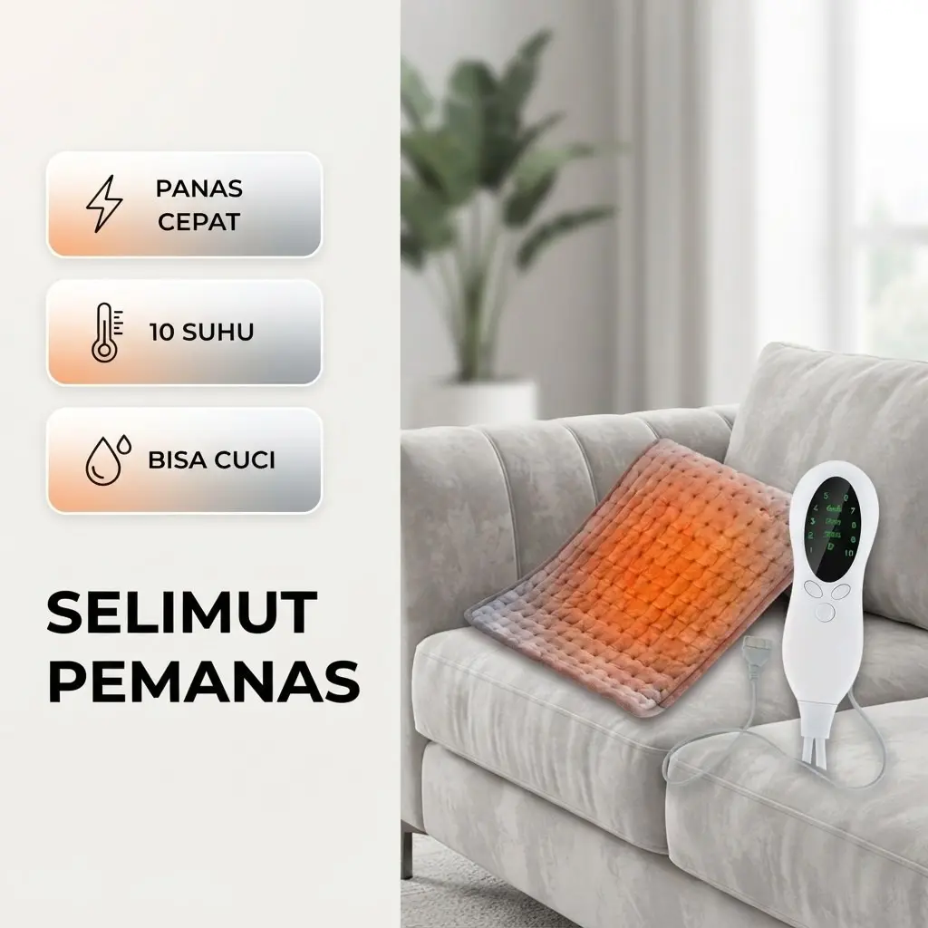 Selimut Pemanas Elektrik Terapi Panas Kain Velvet Lembut Nyaman untuk Meredakan Nyeri Otot dan Pegal-pegal dengan 10 Pengaturan Suhu 30-70°C dan 3 Timer Otomatis 75W Mudah Dicuci
