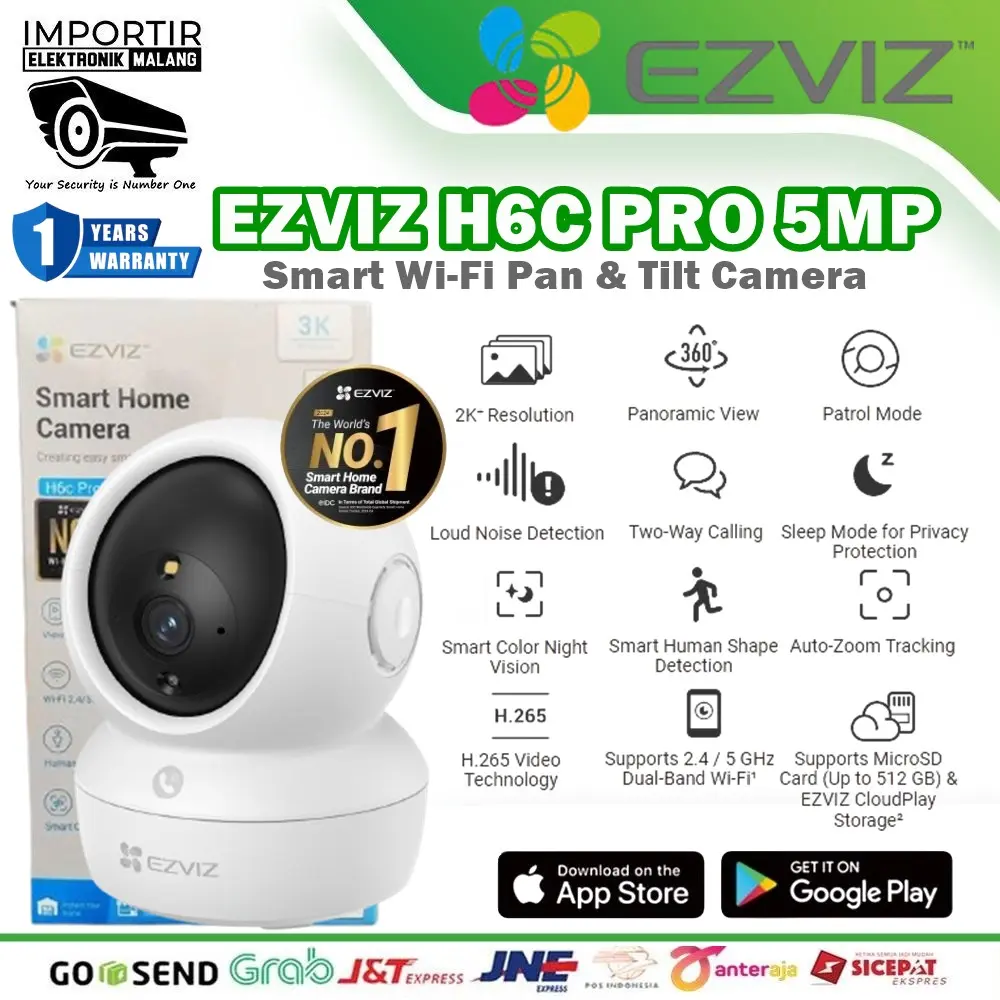 EZVIZ Baby Cam Wifi Camera CCTV H6C PRO 5MP 3K Motorized Pan Tilt IR Night Vision Motion Detection Auto Tracking Two Way Talk Sleep Mode Dual Band 2.4GHz 5GHz Micro SD Slot 512GB - Bayi