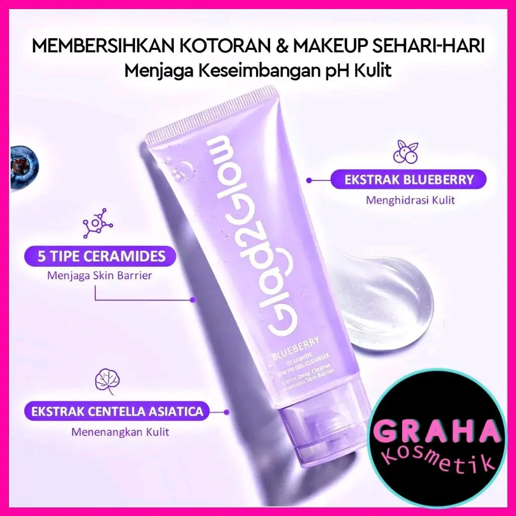 Glad2Glow Blueberry Ceramide Low pH Gel Cleanser sabun cuci muka facial wash Acne Prone Skin Friendly Facial Wash Acnes Face Wash Sabun Cuci Muka Acner Glowing Barrier Anti-Aging Exfoliating Brightening Whitening Blackhead Removal Calming Peeling