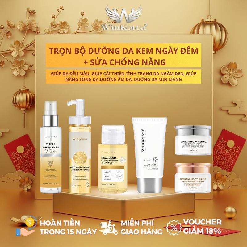 TRỌN BỘ DƯỠNG DA KEM NGÀY ĐÊM + TẨY TRANG + SỬA RỬA MẶT + XỊT KHOÁNG 2IN1 + Kem Chống Nắng Thương Hiệu: WinKorea Skincare