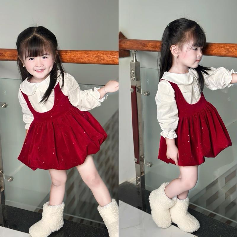  Ong Kis Sét áo yếm bí nhung đỏ nhũ kèm áo sơ mi cho bé gái 10-32kg 