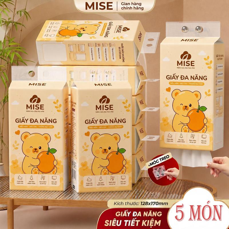 [ĐỘC QUYỀN LƯƠNG QUỲNH NHƯ] MUA 5 TẶNG 2 MÓC TREO; khăn giấy treo tường hình gấu cam dễ thương; 5 gói khăn giấy rút đáy MISE tặng kèm 2 móc treo; giấy ăn an toàn, mềm mịn; 356 tờ/gói; làm từ bột gỗ tự nhiên; khăn giấy treo tường MISE; đạt tiêu chuẩn c