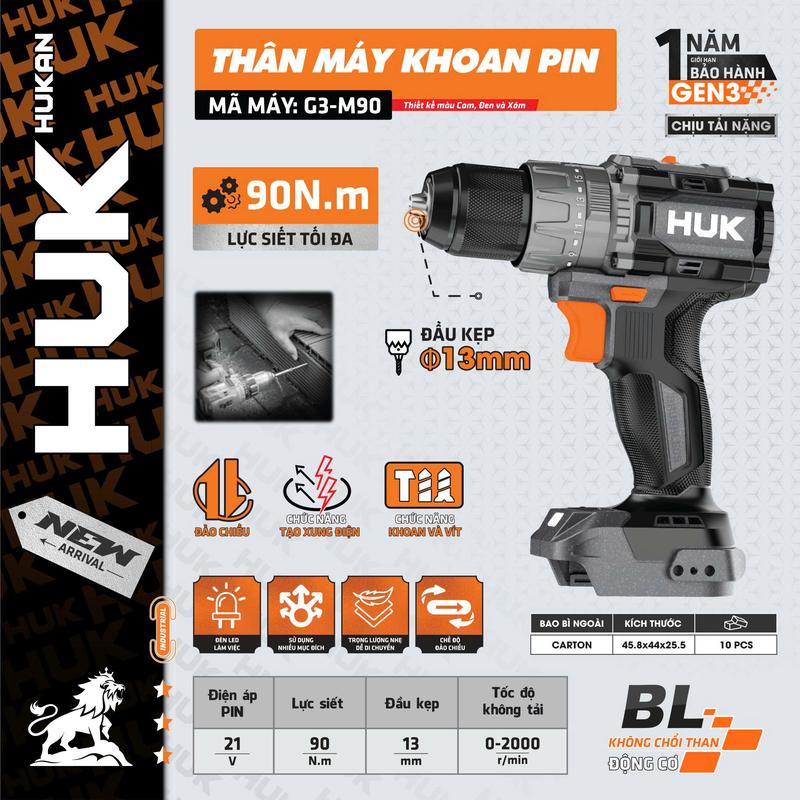 MÁY KHOAN PIN 3 CHỨC NĂNG 13MM G3-M90 Lưc siết: 90N.m Tốc độ không tải: MAX.2000RPM Đường kính mũi: 13mm Động cơ không chổi than 