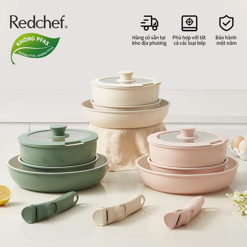 Redchef Bộ 5 Nồi Chảo Chống Dính Không Độc Hại Tay Cầm Tháo Rời Không Chứa PFAS PTFE PFOA Phù Hợp Mọi Loại Bếp