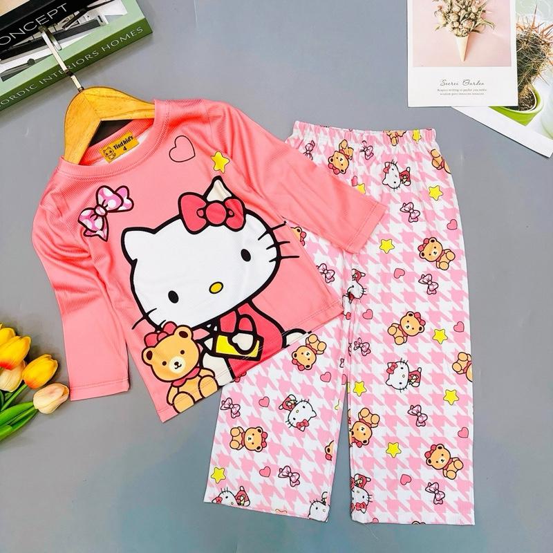 10-50kg Bộ dài tay quần dài ống rộng chất thun gân tăm lạnh cho bé gái hình in hoạ tiết xinh xắn chất thun gân tăm mềm mặc đẹp đi chơi đi học đi dạo phố Nữ Women Áo Top