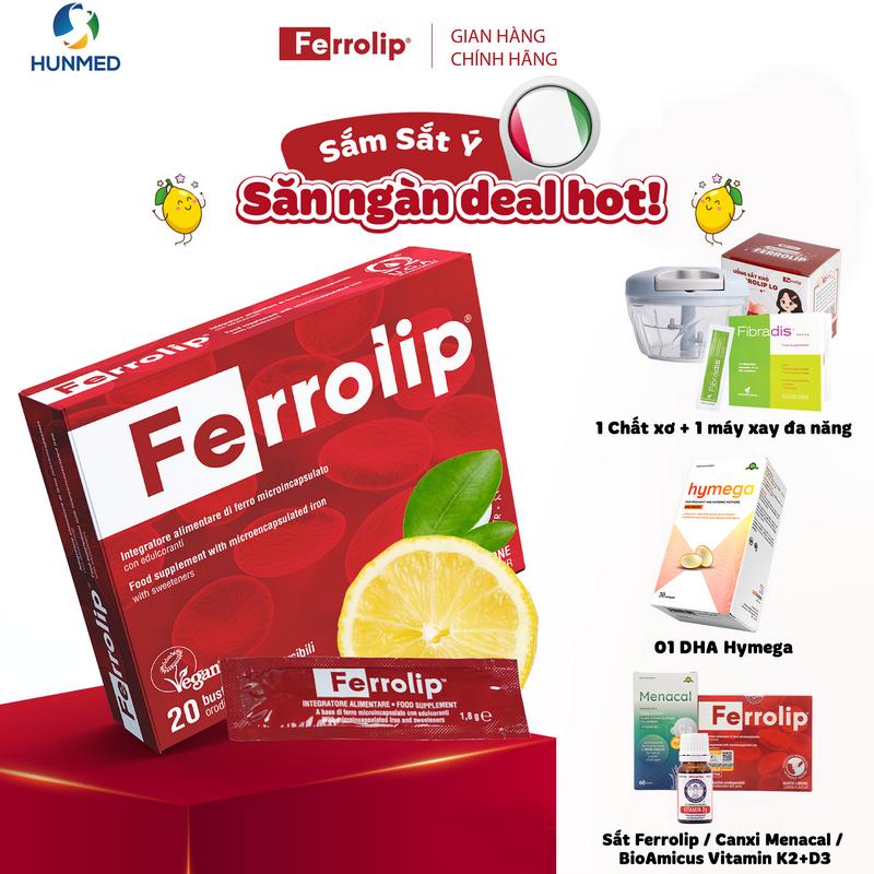 Sắt Ferrolip Cho Bà Bầu Mẹ Sau Sinh - Dạng Bột Vị Chanh Hấp Thu Cao Hộp 20 Gói 