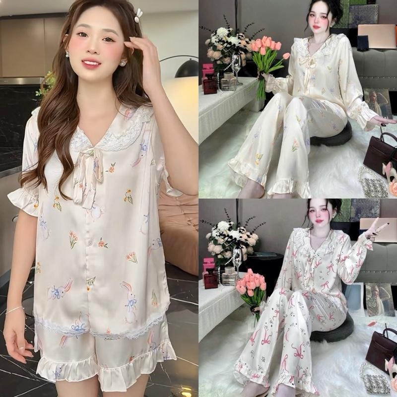 Bộ Pijama Lụa Latin Dáng Tiểu Thư Phối Ren Nhiều Màu Sắc Mới Nơ Hồng-Thỏ Xinh-Hồ Điệp Nhẹ Nhàng-Kitty Sang Đẹp Chất Lụa Mềm Mát Đẹp Cho Nữ Mặc Nhà Women