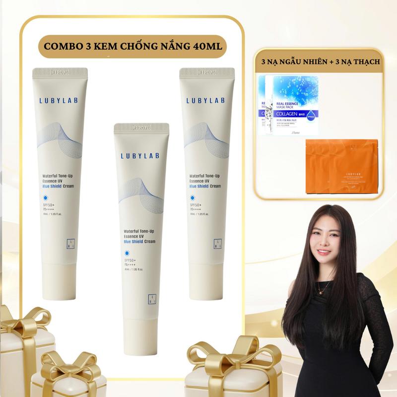 SN1732 - Combo 9 sản phẩm: 3 Tuýp Kem Chống Nắng Lubylab Waterfull Tone-up Essence UV Blue Shield SPF50+ PA++++ 40ml + 3 nạ thạch Premium + 3 nạ ngẫu nhiên