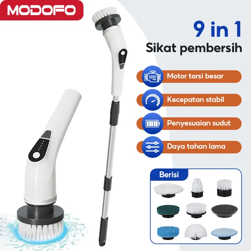 【COD】MODOFO Sikat Elektrik 9IN1｜Bersihkan Noda Membandel di Kamar Mandi, Dapur & Lantai｜Desain Anti Cipratan + Bonus 9 Sikat