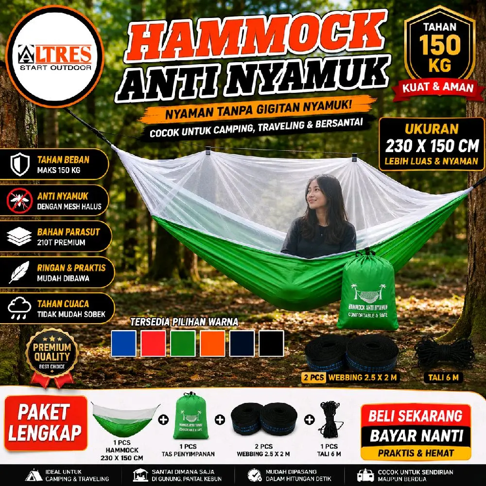 LTRES Hammock Double Kelambu Anti Nyamuk 230x150 cm Mak 150 kg Tali Webing Kuat Camping Outdoor Tidur Gantung Dewasa Ungu-Abu Ayunan