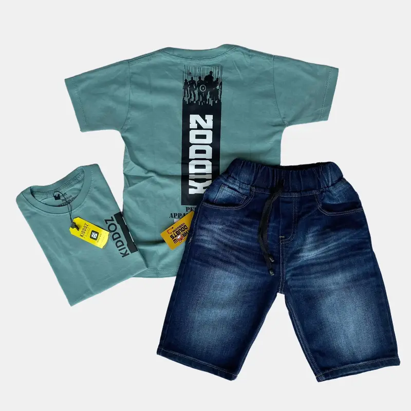 Setelan Jeans Pendek Anak Dan Kaos Distro Bahan Katun Usia 3-12 Tahun Sage Pakaian Fashion - Motif Baju 0