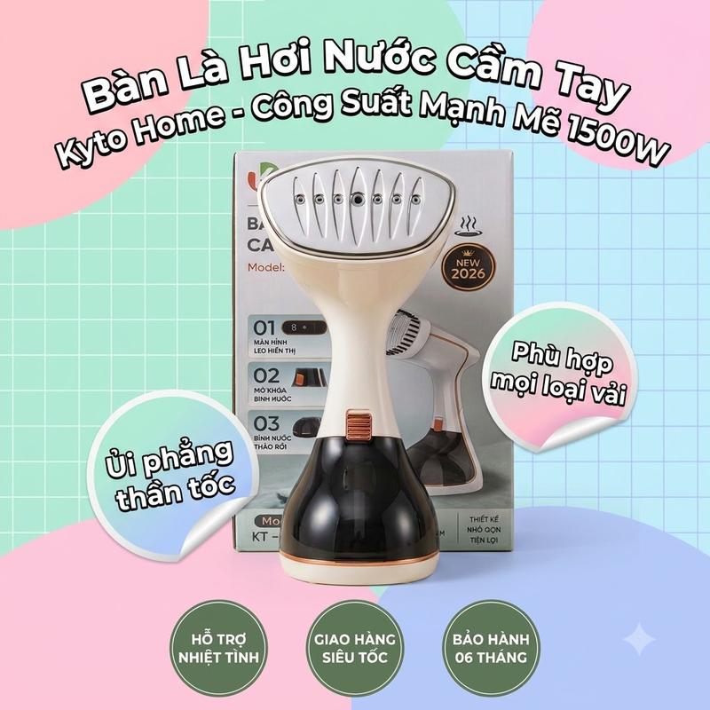 Kyto Home Bàn Là Hơi Nước Cầm Tay 1500W Dung Tích 320ML Dây Điện 1.8m Phù Hợp Mọi Loại Vải Trọng Lượng 800g Bảo Hành 06 Tháng